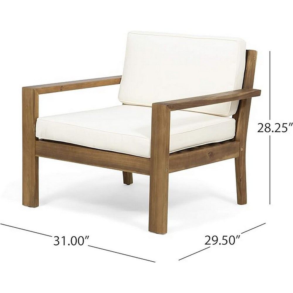 Benjara Outdoor Accent Chair, Slat Panel, Wire Brush Acacia Wood, Ivory Fabric