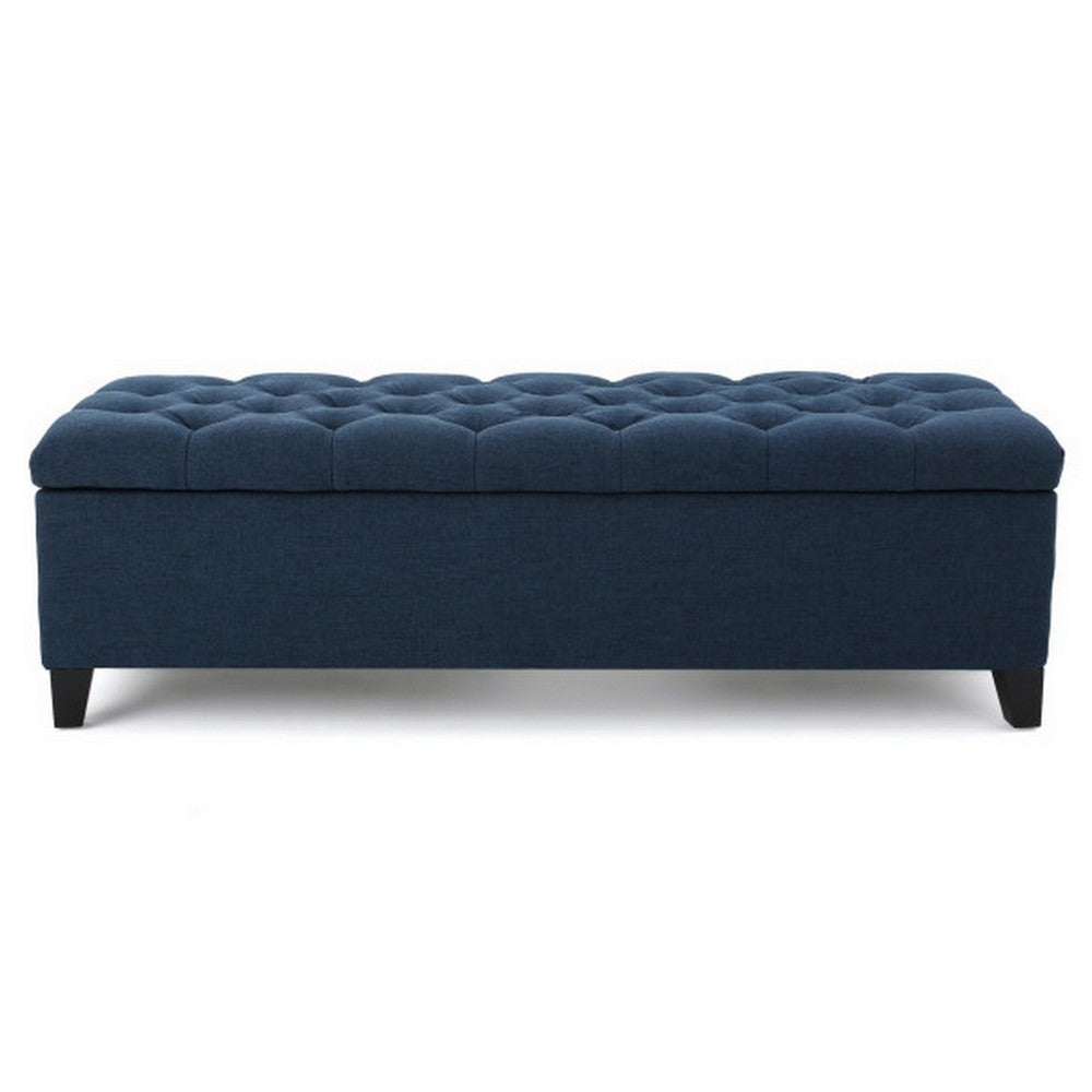 Benjara Elias Storage Bench, 51 Inch Button Tufted Blue Velvet, Solid Wood