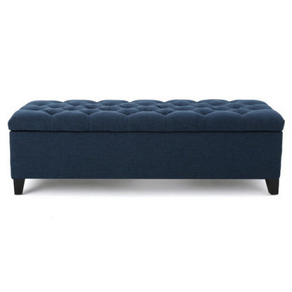 Benjara Elias Storage Bench, 51 Inch Button Tufted Blue Velvet, Solid Wood