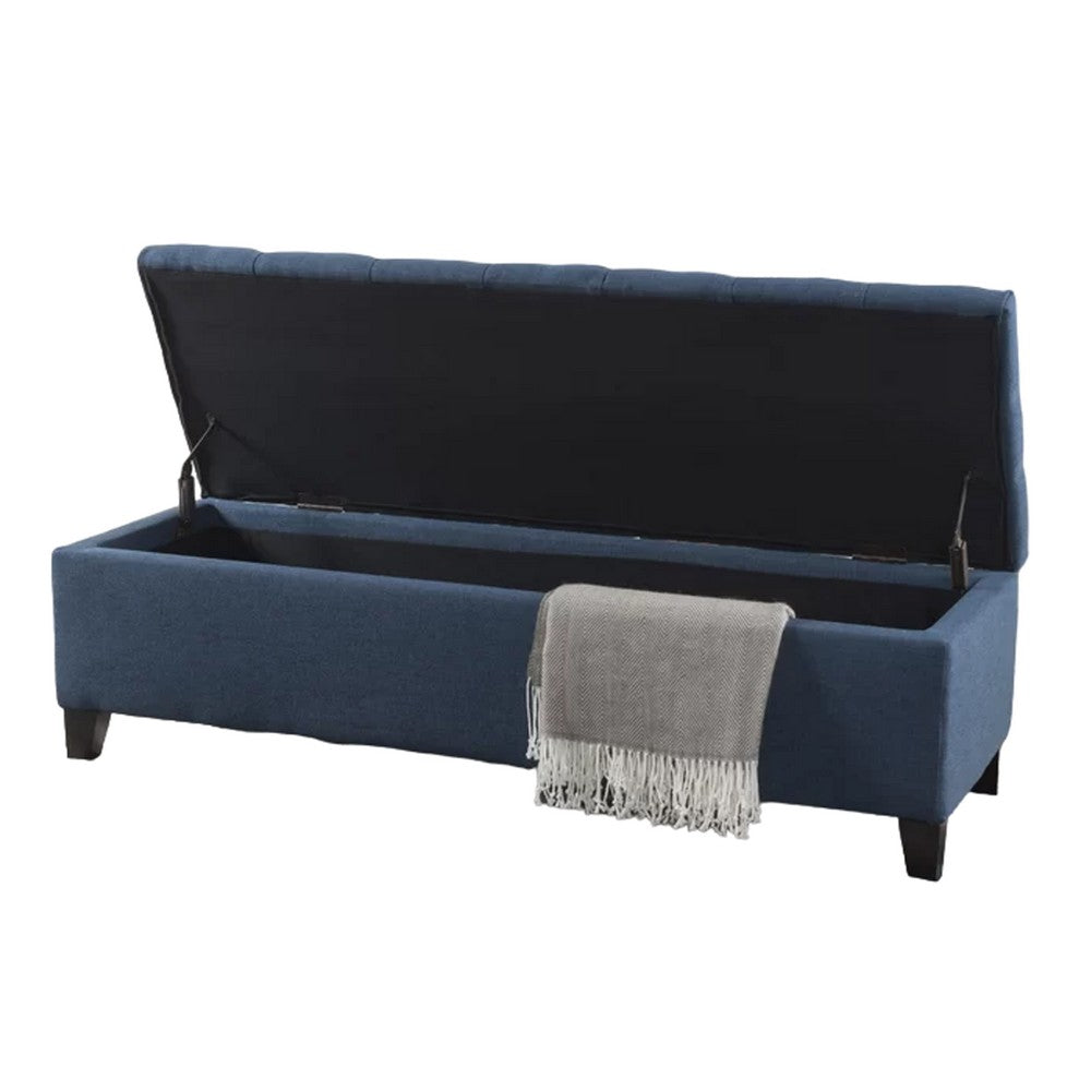 Benjara Elias Storage Bench, 51 Inch Button Tufted Blue Velvet, Solid Wood