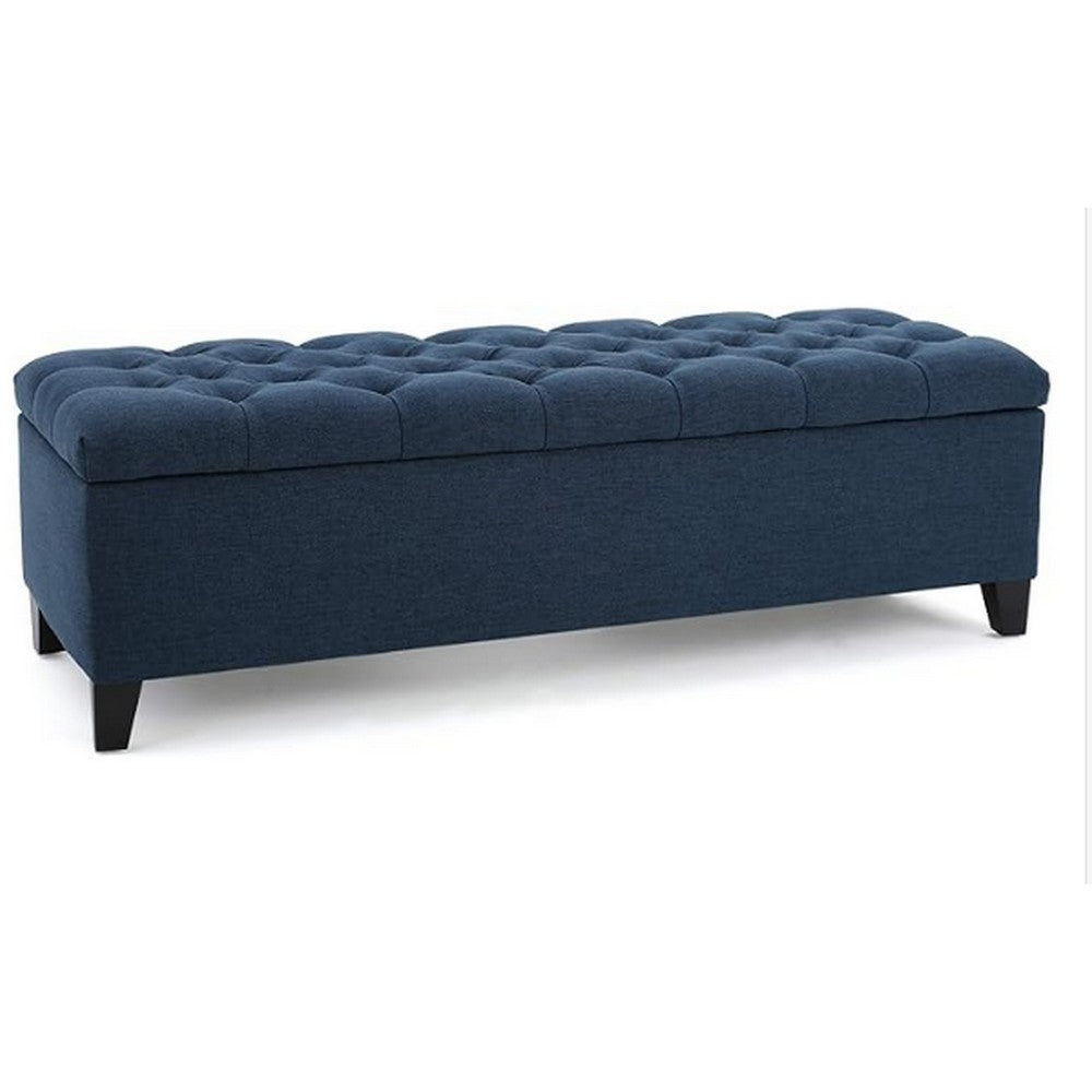 Benjara Elias Storage Bench, 51 Inch Button Tufted Blue Velvet, Solid Wood