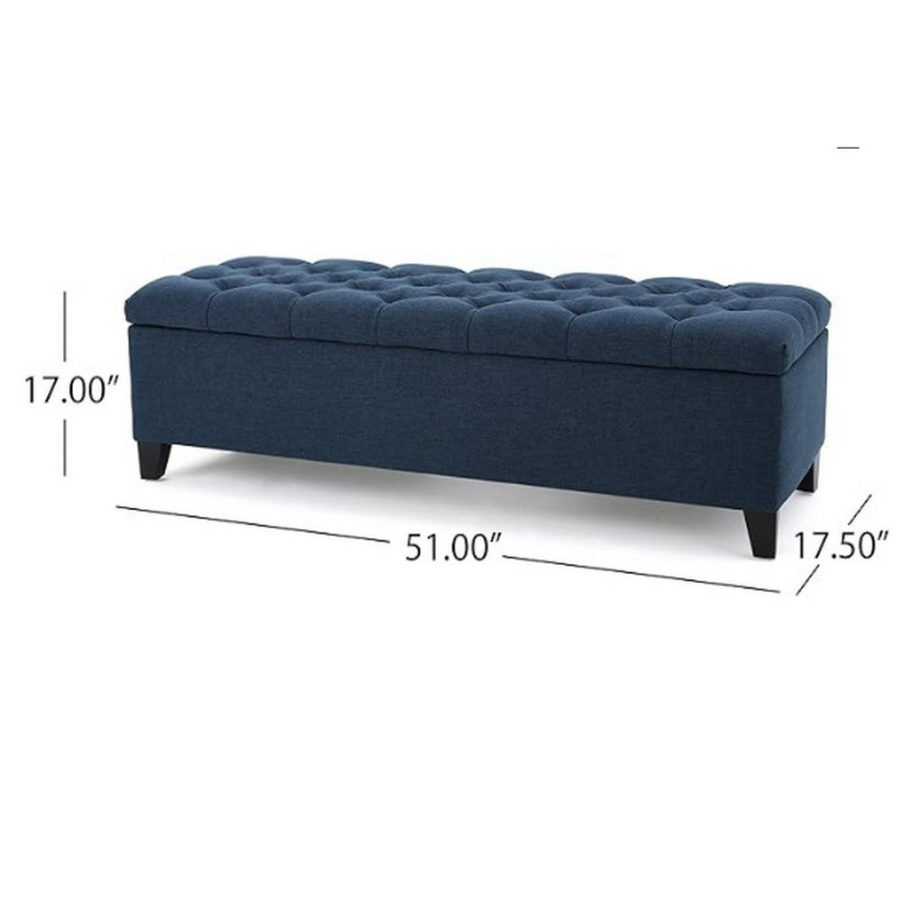 Benjara Elias Storage Bench, 51 Inch Button Tufted Blue Velvet, Solid Wood