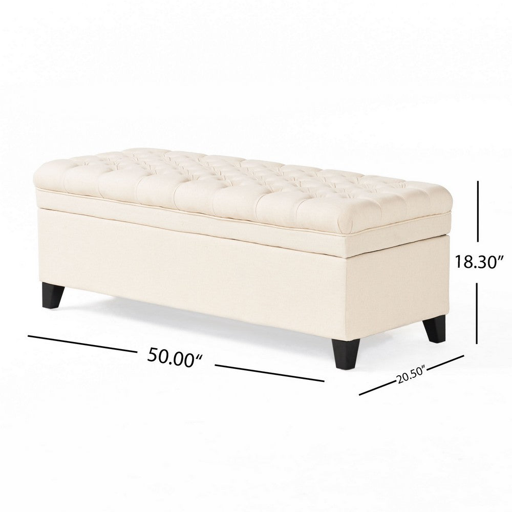 Benjara Rhya Storage Bench, 50 Inch Button Tufted Plush Seat, Soft Beige