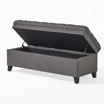 Benjara Rhya Storage Bench, 50 Inch Button Tufted Plush Seat, Soft Gray Fabric