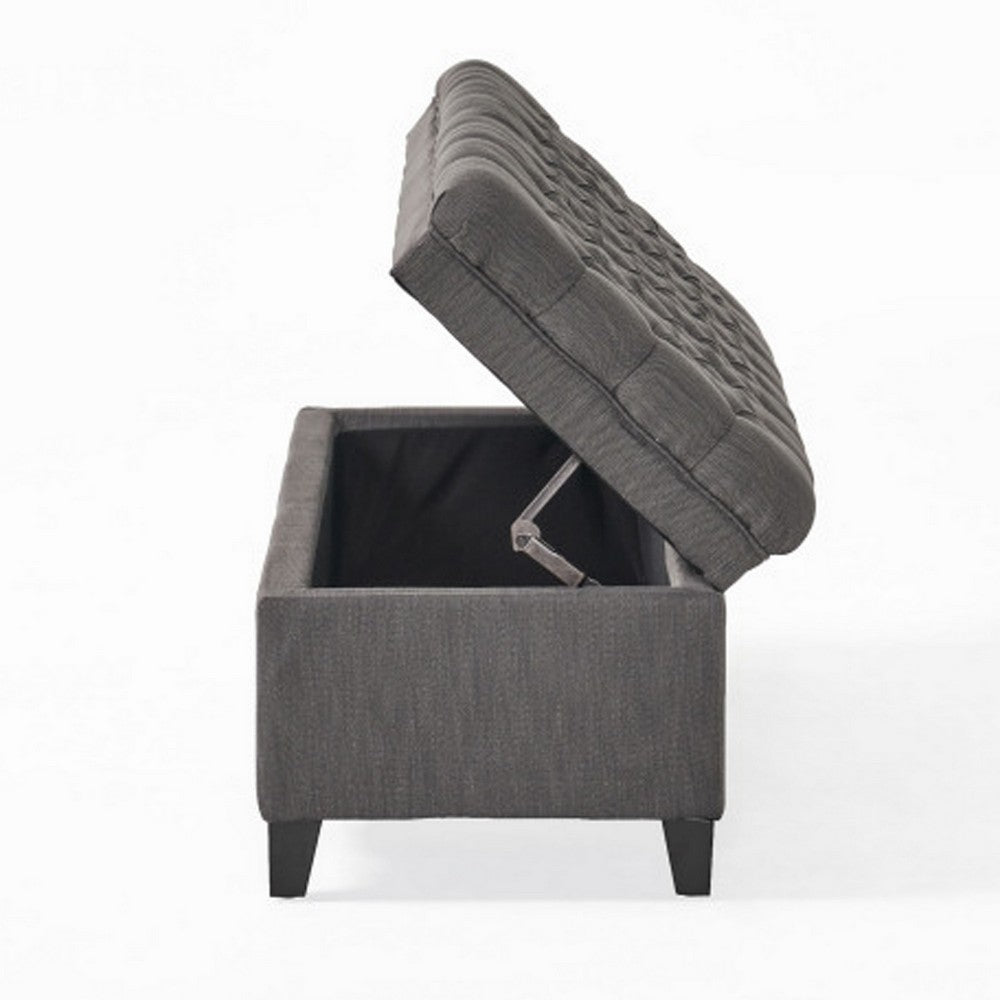 Benjara Rhya Storage Bench, 50 Inch Button Tufted Plush Seat, Soft Gray Fabric