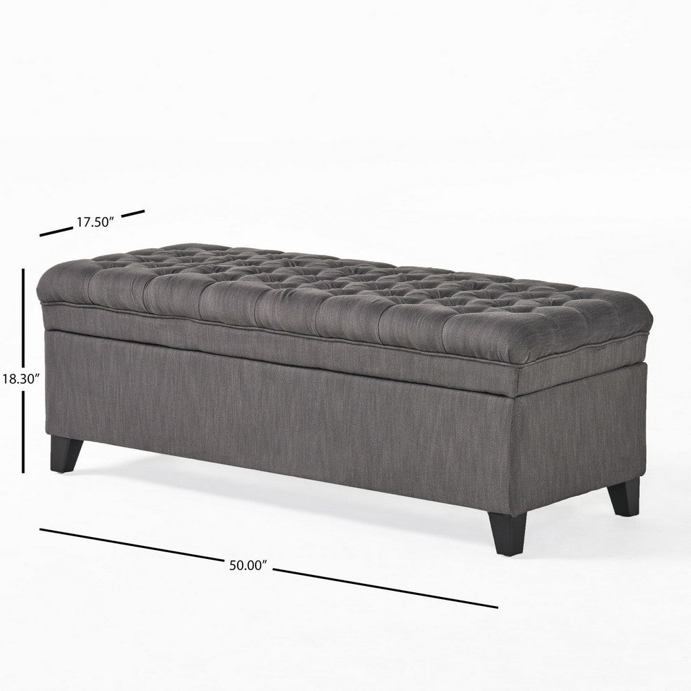 Benjara Rhya Storage Bench, 50 Inch Button Tufted Plush Seat, Soft Gray Fabric