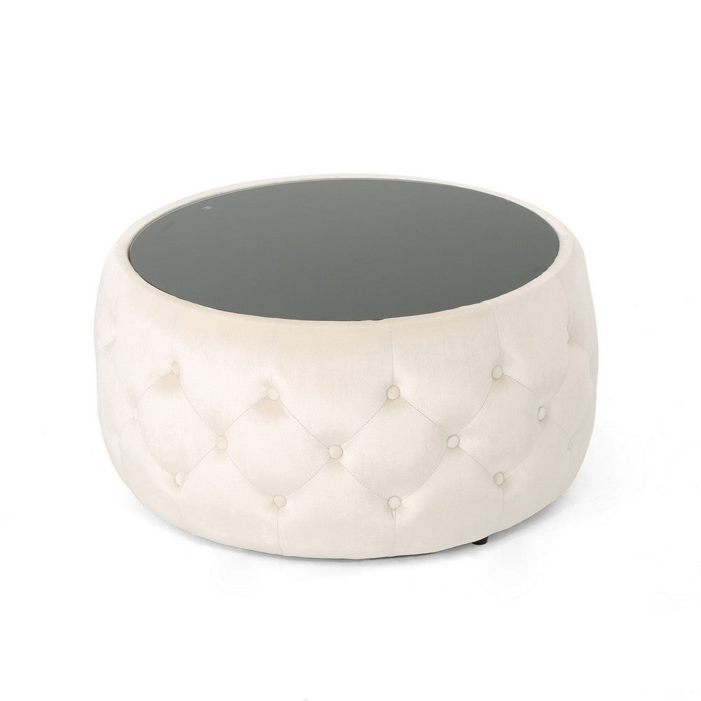 Benjara Ottoman Coffee Table, Beige Tufted Velvet, 30 Inch Round Glass Top