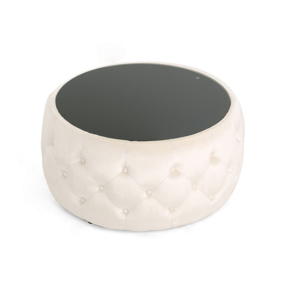 Benjara Ottoman Coffee Table, Beige Tufted Velvet, 30 Inch Round Glass Top