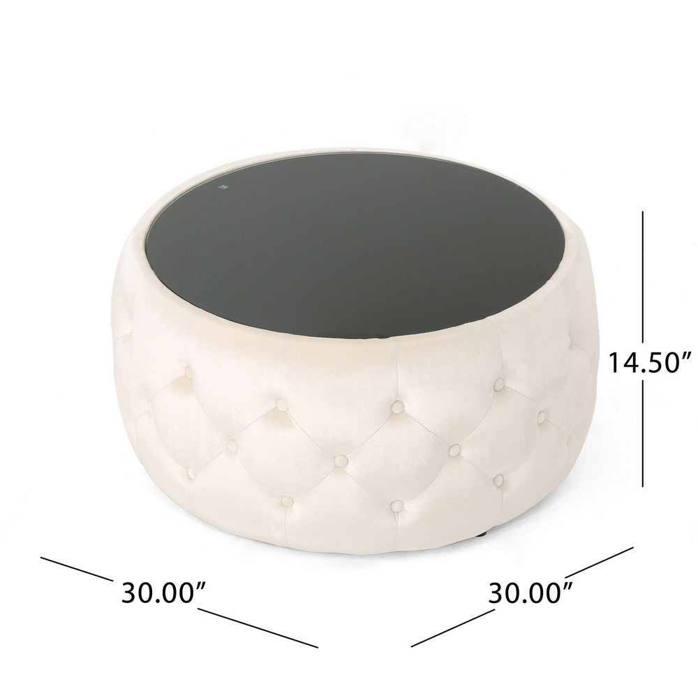 Benjara Ottoman Coffee Table, Beige Tufted Velvet, 30 Inch Round Glass Top