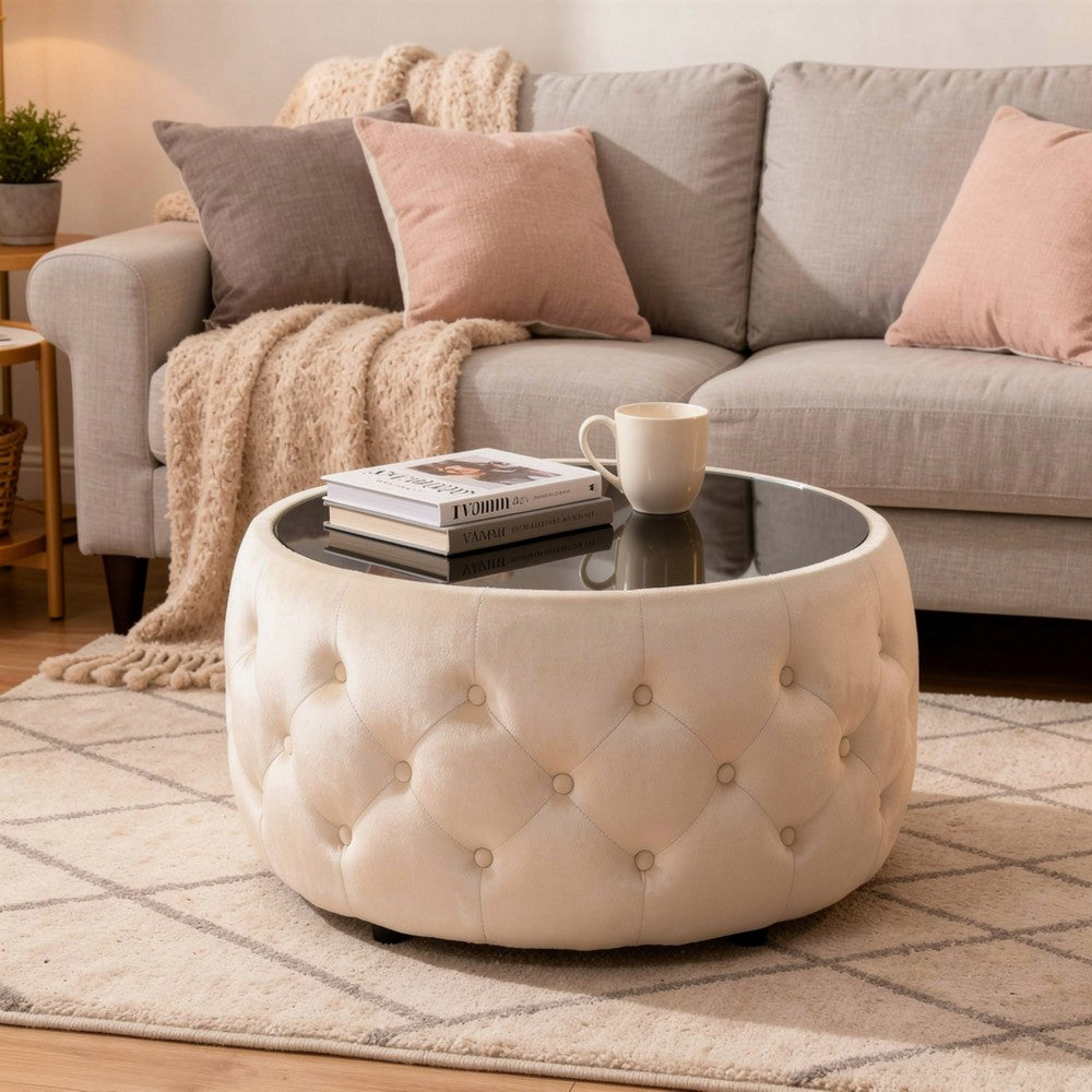 Benjara Ottoman Coffee Table, Beige Tufted Velvet, 30 Inch Round Glass Top