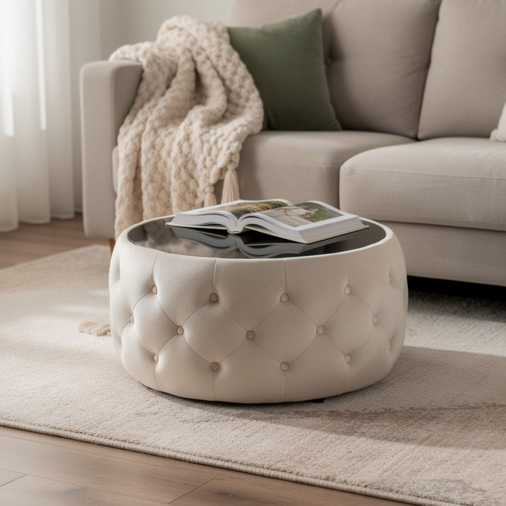 Benjara Ottoman Coffee Table, Beige Tufted Velvet, 30 Inch Round Glass Top