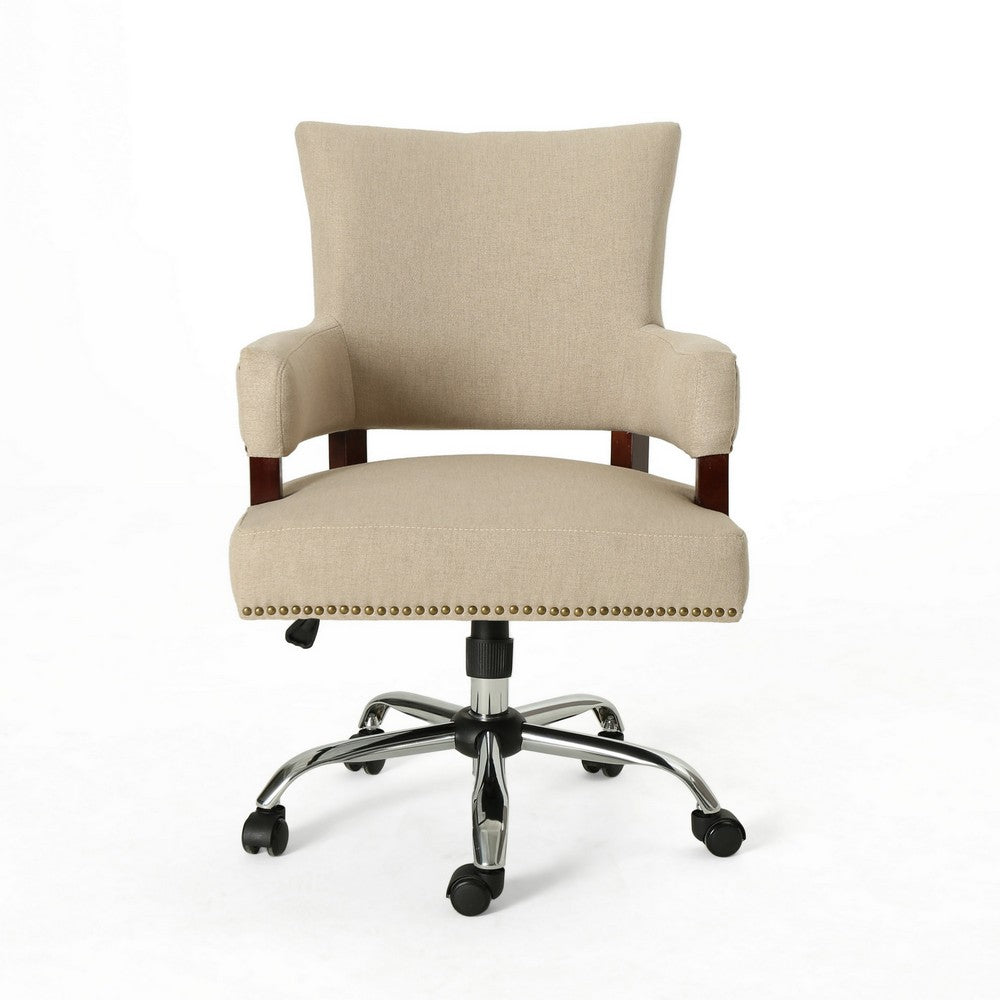 Benjara Lini Rolling Office Chair, Beige, Nailhead Trim, Swivel, Chrome Metal