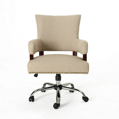 Benjara Lini Rolling Office Chair, Beige, Nailhead Trim, Swivel, Chrome Metal