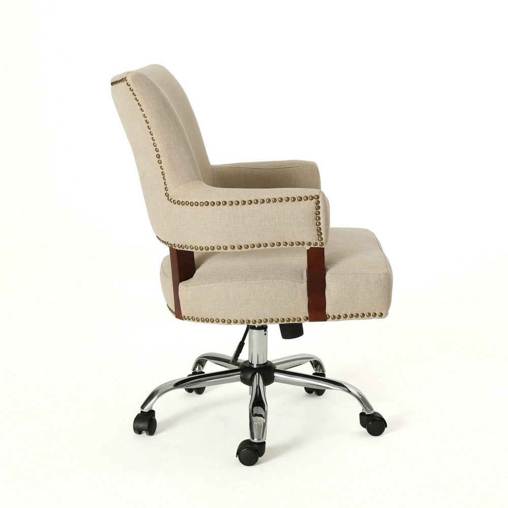 Benjara Lini Rolling Office Chair, Beige, Nailhead Trim, Swivel, Chrome Metal