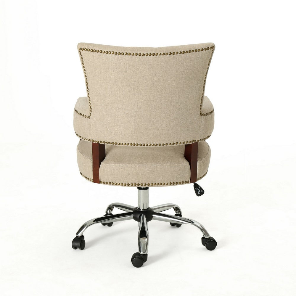 Benjara Lini Rolling Office Chair, Beige, Nailhead Trim, Swivel, Chrome Metal