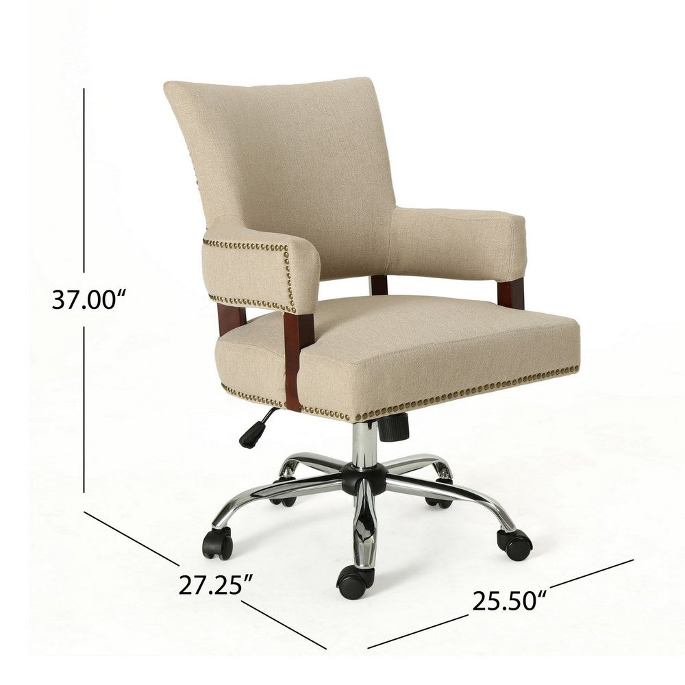 Benjara Lini Rolling Office Chair, Beige, Nailhead Trim, Swivel, Chrome Metal