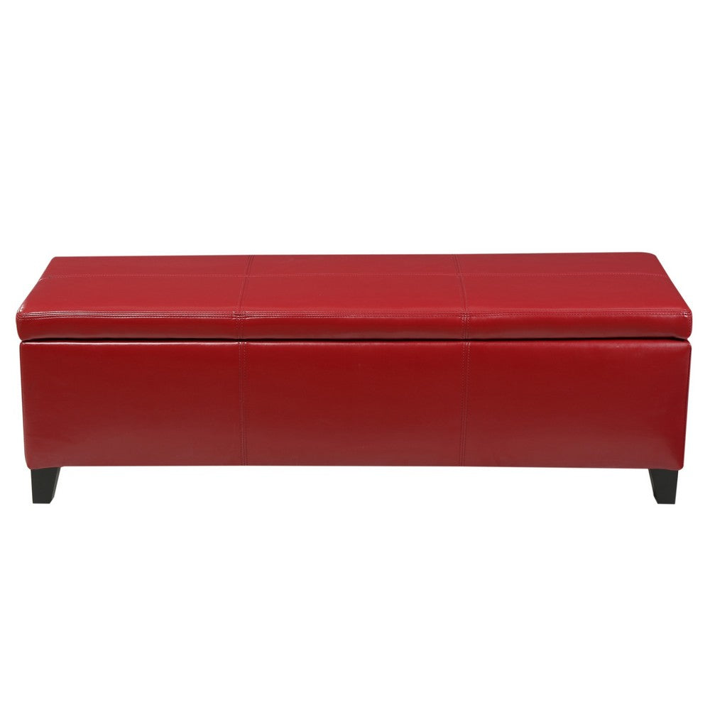 Benjara Elias Storage Ottoman Bench, 51 Inch Plush Cherry Red Faux Leather