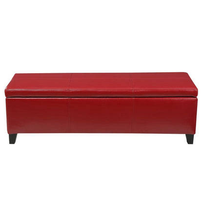 Benjara Elias Storage Ottoman Bench, 51 Inch Plush Cherry Red Faux Leather
