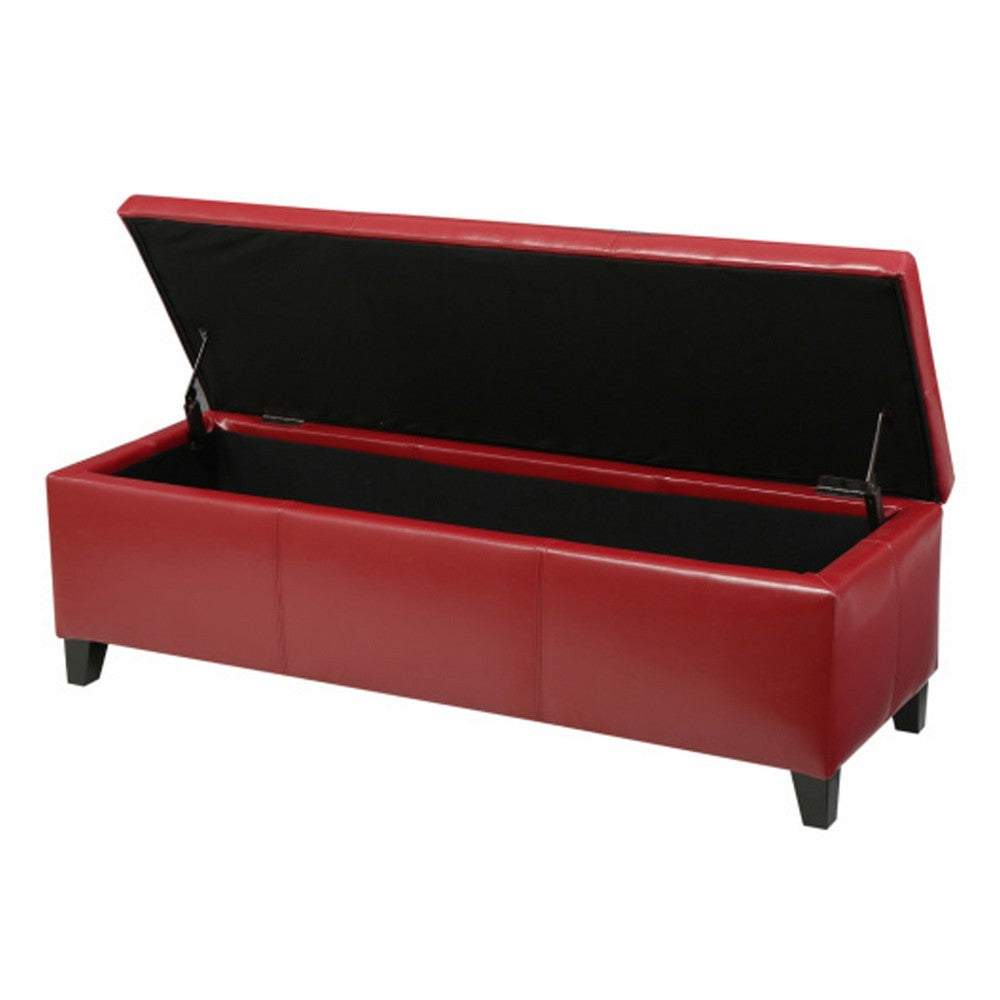 Benjara Elias Storage Ottoman Bench, 51 Inch Plush Cherry Red Faux Leather
