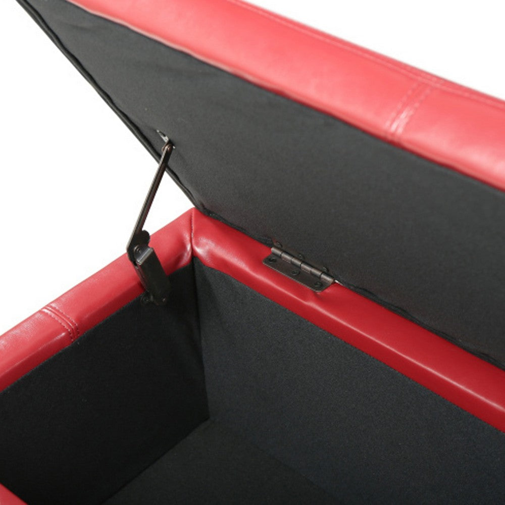 Benjara Elias Storage Ottoman Bench, 51 Inch Plush Cherry Red Faux Leather