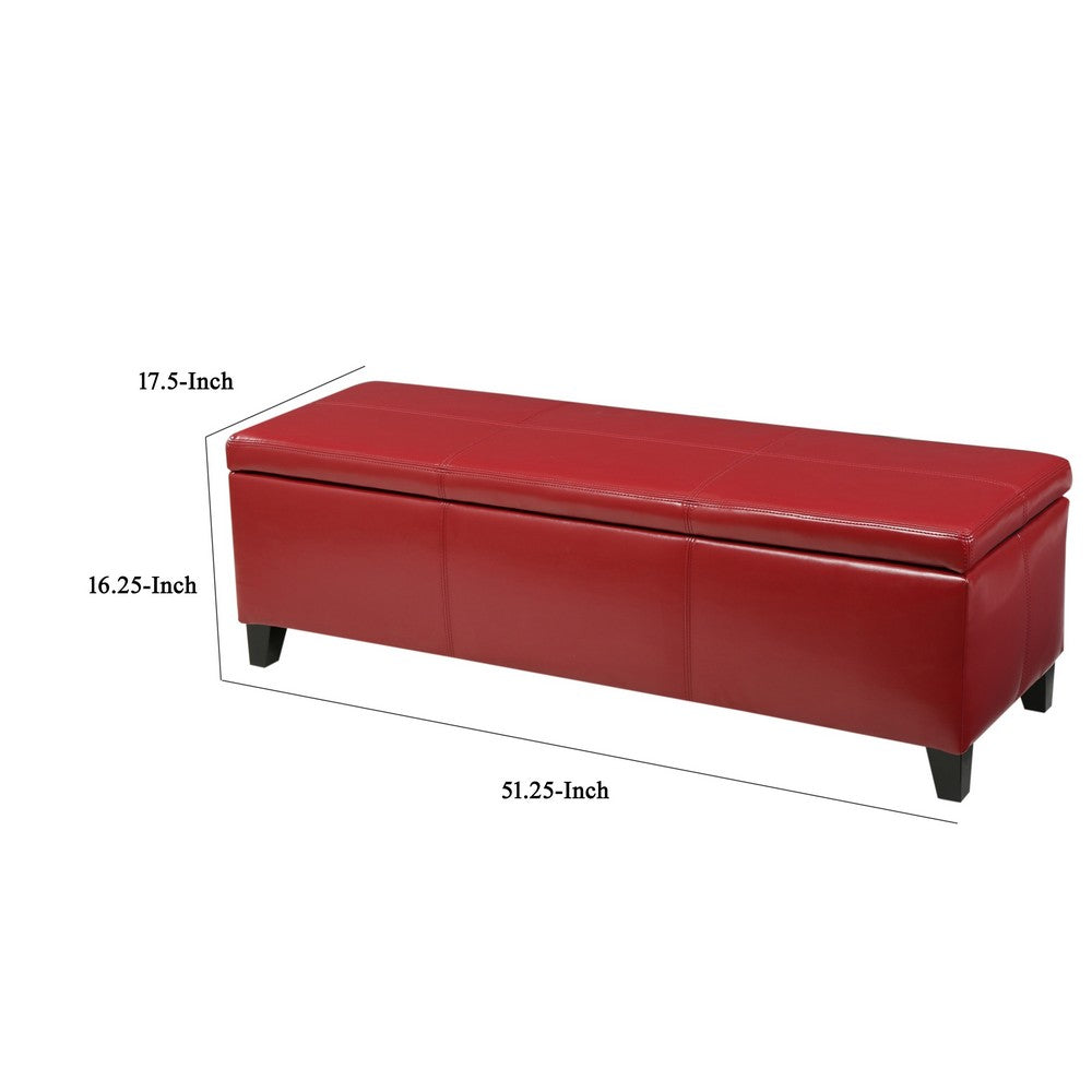 Benjara Elias Storage Ottoman Bench, 51 Inch Plush Cherry Red Faux Leather