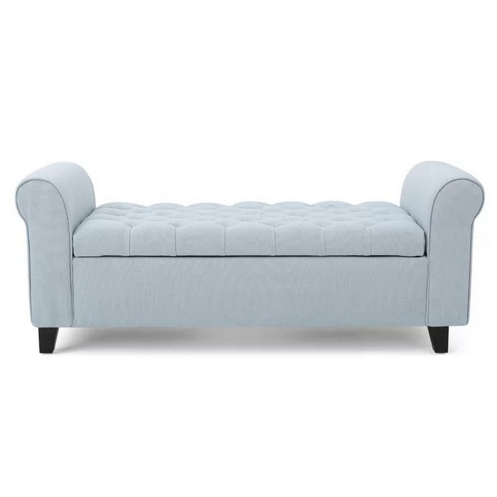 Benjara Storage Ottoman Bench, 50 Inch Light Blue, Rolled Arms, Black Wood
