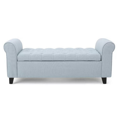 Benjara Storage Ottoman Bench, 50 Inch Light Blue, Rolled Arms, Black Wood