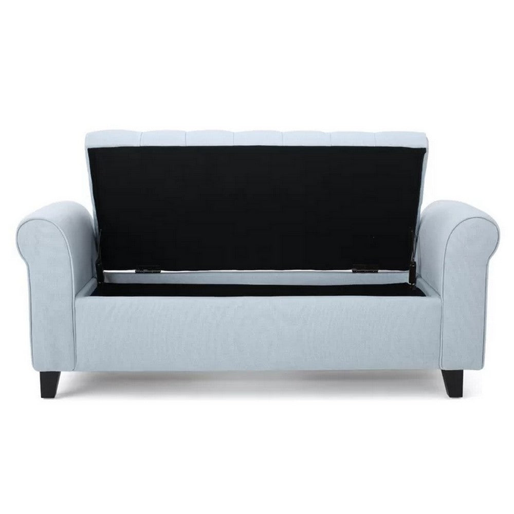 Benjara Storage Ottoman Bench, 50 Inch Light Blue, Rolled Arms, Black Wood