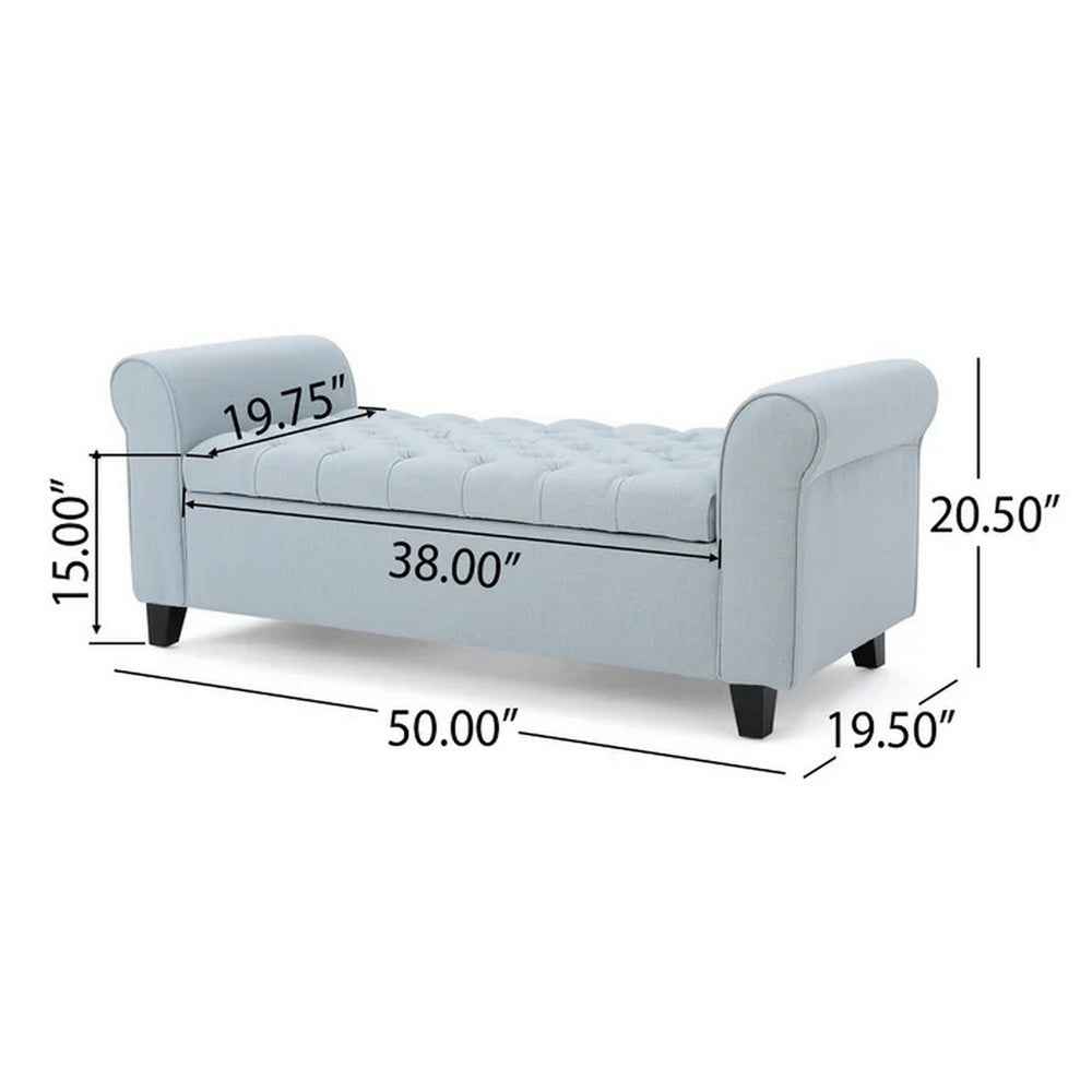 Benjara Storage Ottoman Bench, 50 Inch Light Blue, Rolled Arms, Black Wood