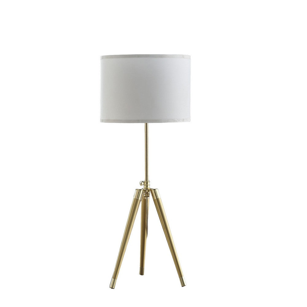 Benjara Kera Table Lamp, White Drum Shade, Brass Gold Tripod Base 39 Inch