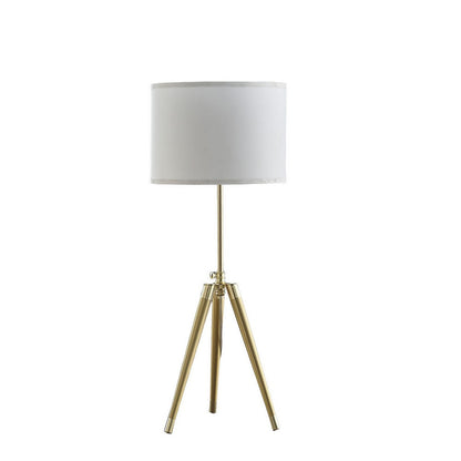 Benjara Kera Table Lamp, White Drum Shade, Brass Gold Tripod Base 39 Inch