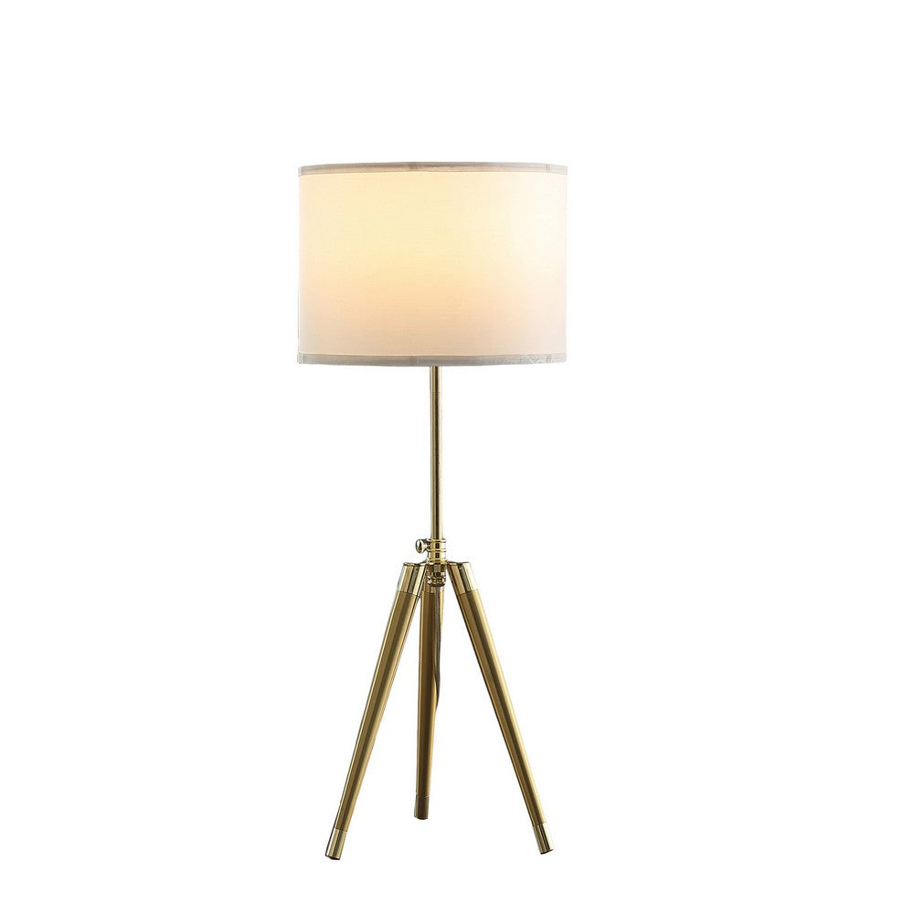 Benjara Kera Table Lamp, White Drum Shade, Brass Gold Tripod Base 39 Inch