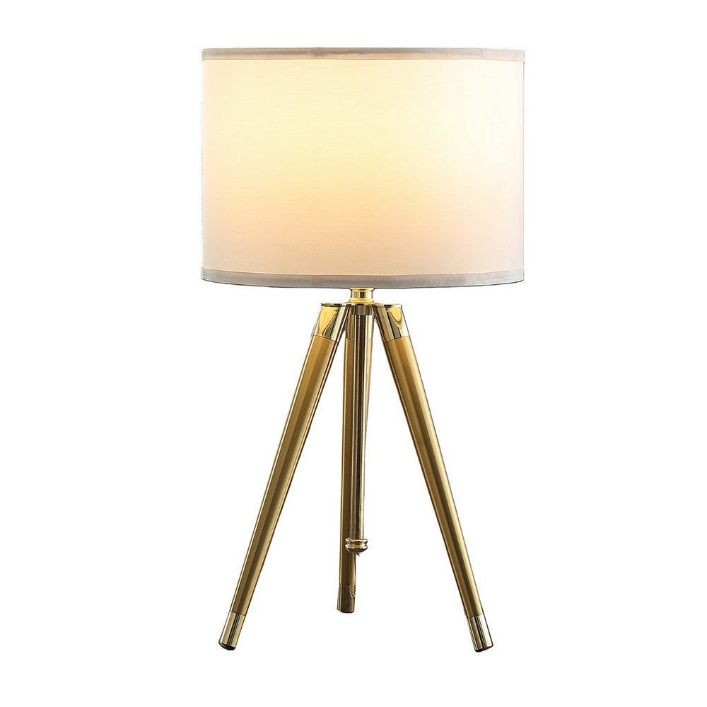 Benjara Kera Table Lamp, White Drum Shade, Brass Gold Tripod Base 39 Inch