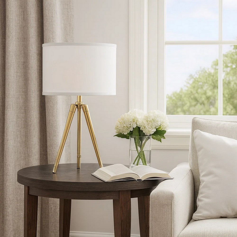 Benjara Kera Table Lamp, White Drum Shade, Brass Gold Tripod Base 39 Inch