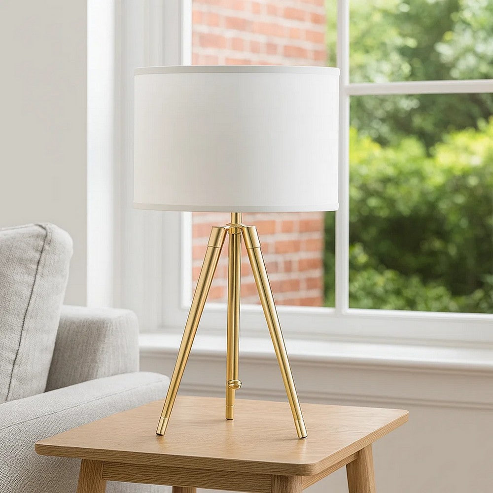 Benjara Kera Table Lamp, White Drum Shade, Brass Gold Tripod Base 39 Inch
