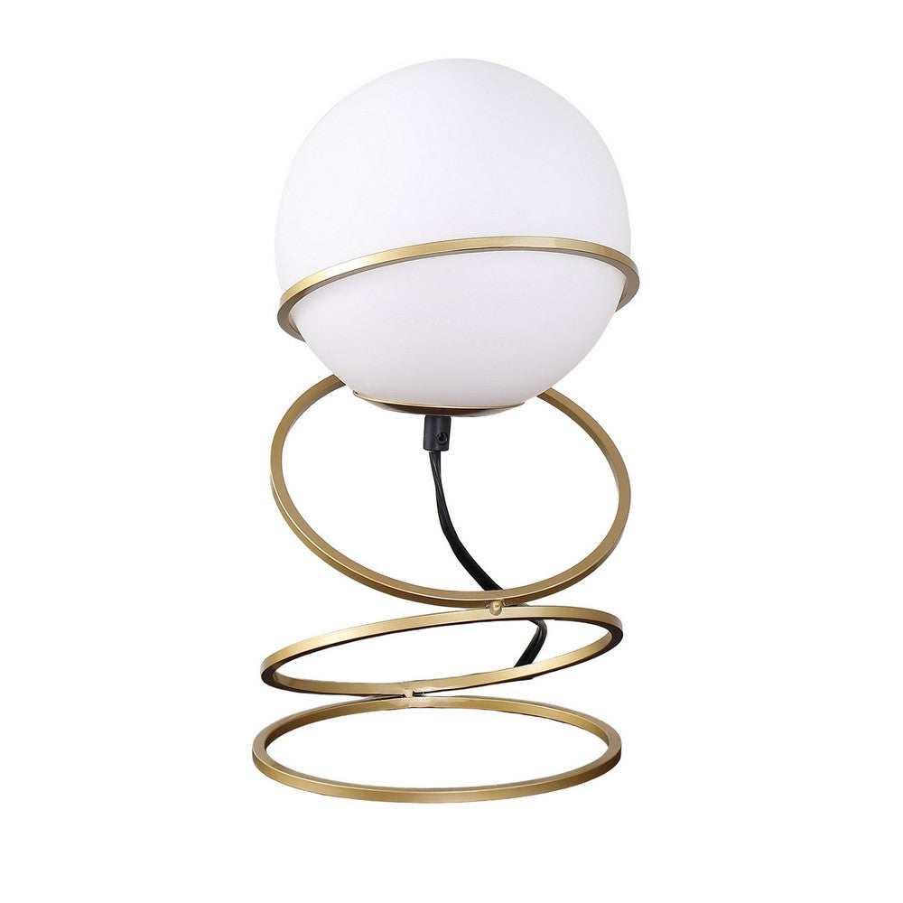 Benjara Table Lamp, White Glass Globe, 4 Spiral Ring Accented Base 14 Inch