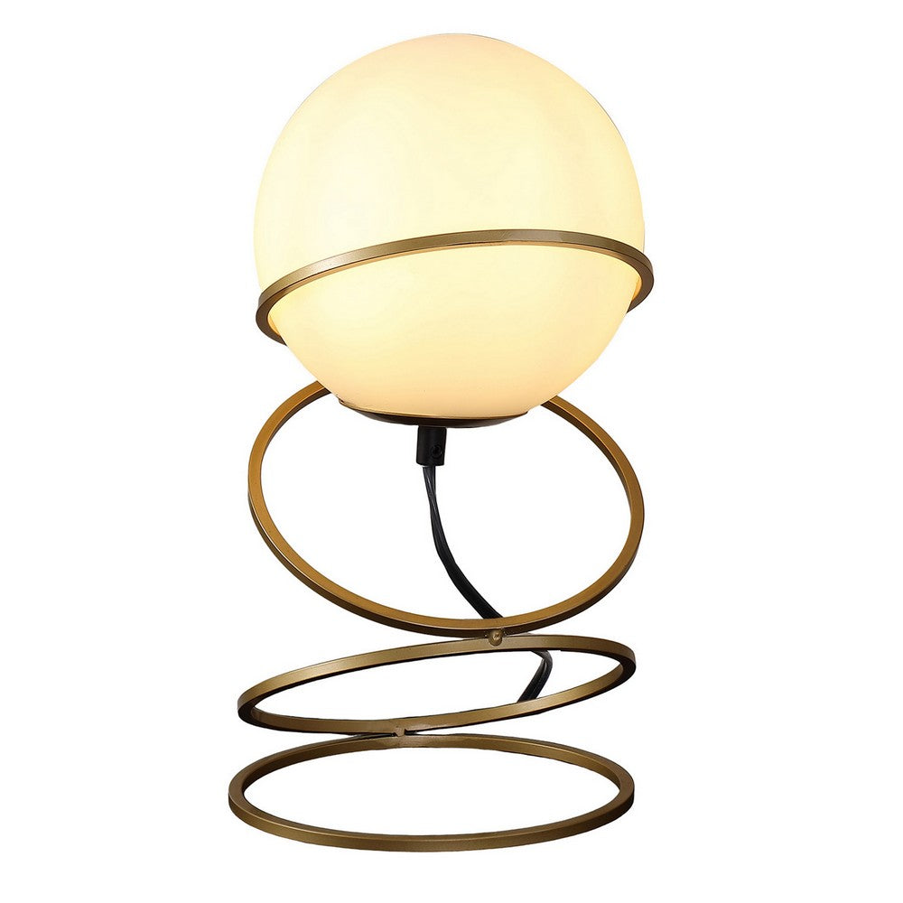 Benjara Table Lamp, White Glass Globe, 4 Spiral Ring Accented Base 14 Inch