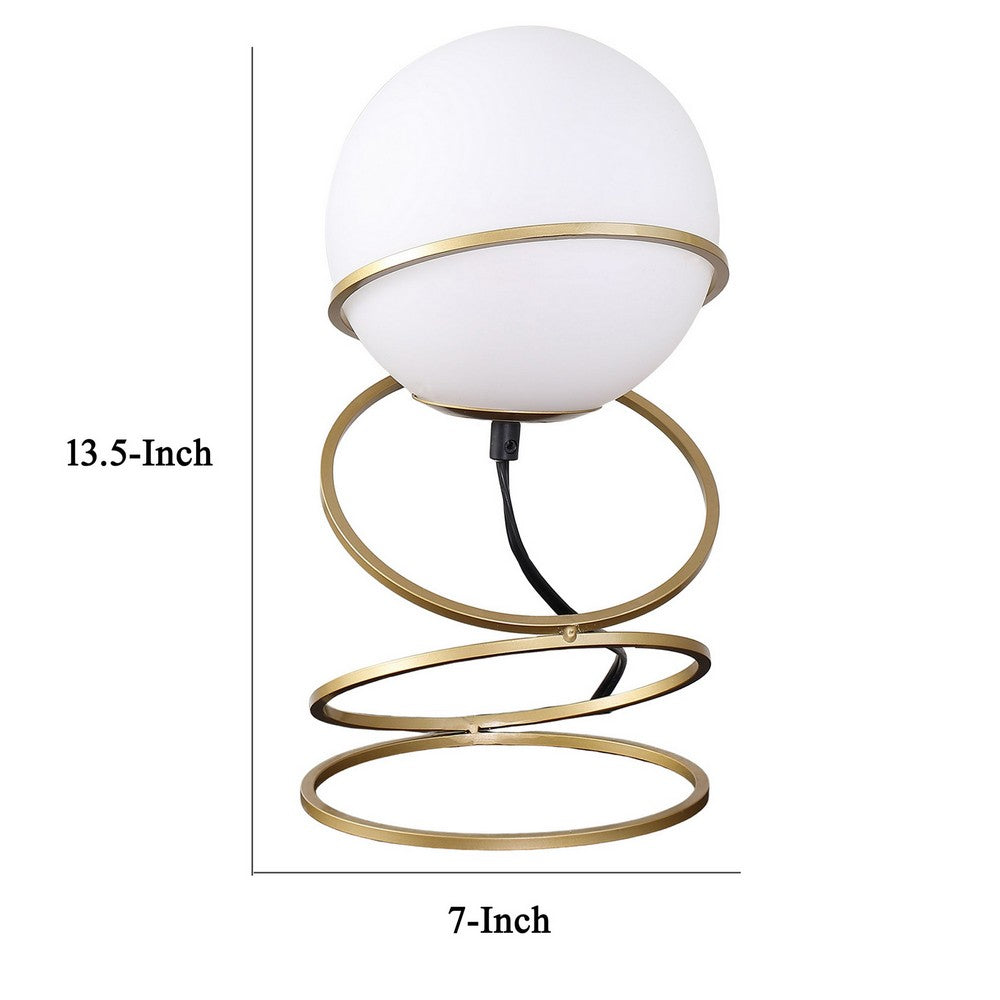Benjara Table Lamp, White Glass Globe, 4 Spiral Ring Accented Base 14 Inch