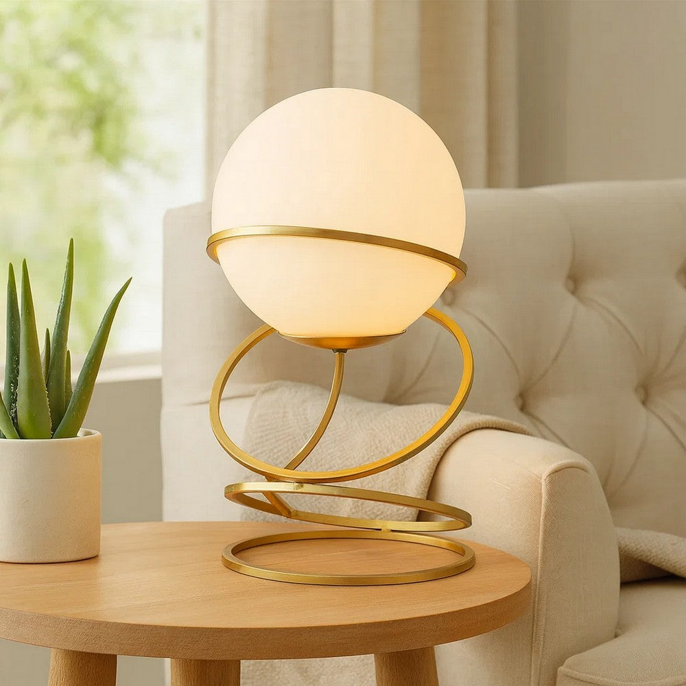 Benjara Table Lamp, White Glass Globe, 4 Spiral Ring Accented Base 14 Inch