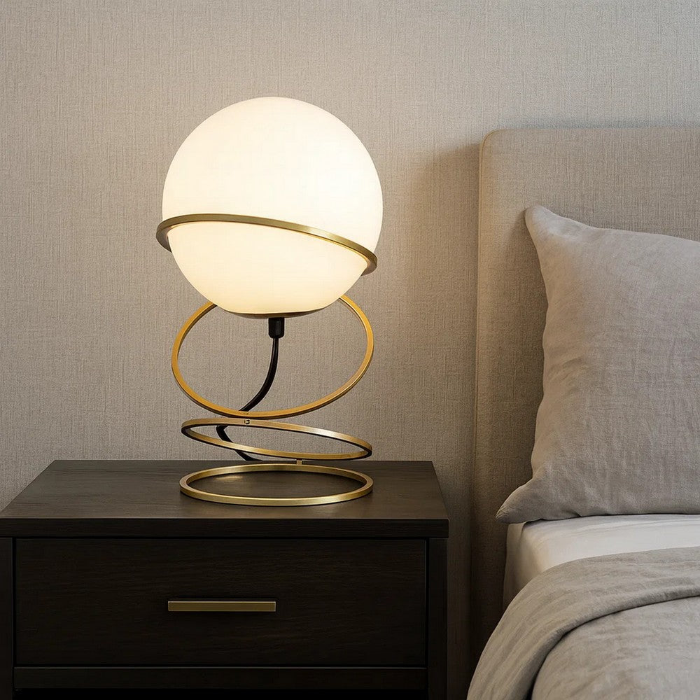 Benjara Table Lamp, White Glass Globe, 4 Spiral Ring Accented Base 14 Inch