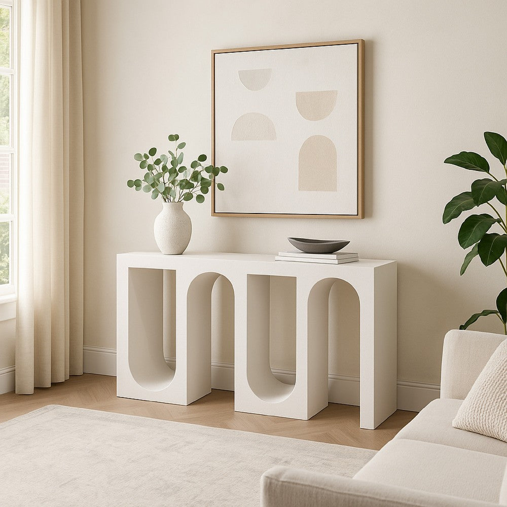 Benjara Rectangular Console Table with Wavelike Base, 54 Inch White Wood