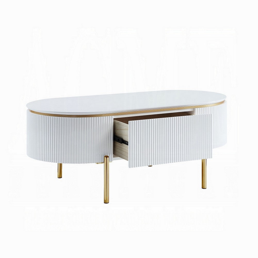 Benjara Tyce Oval Coffee Table with Drawer, 47 Inch, Glossy White, Gold Metal