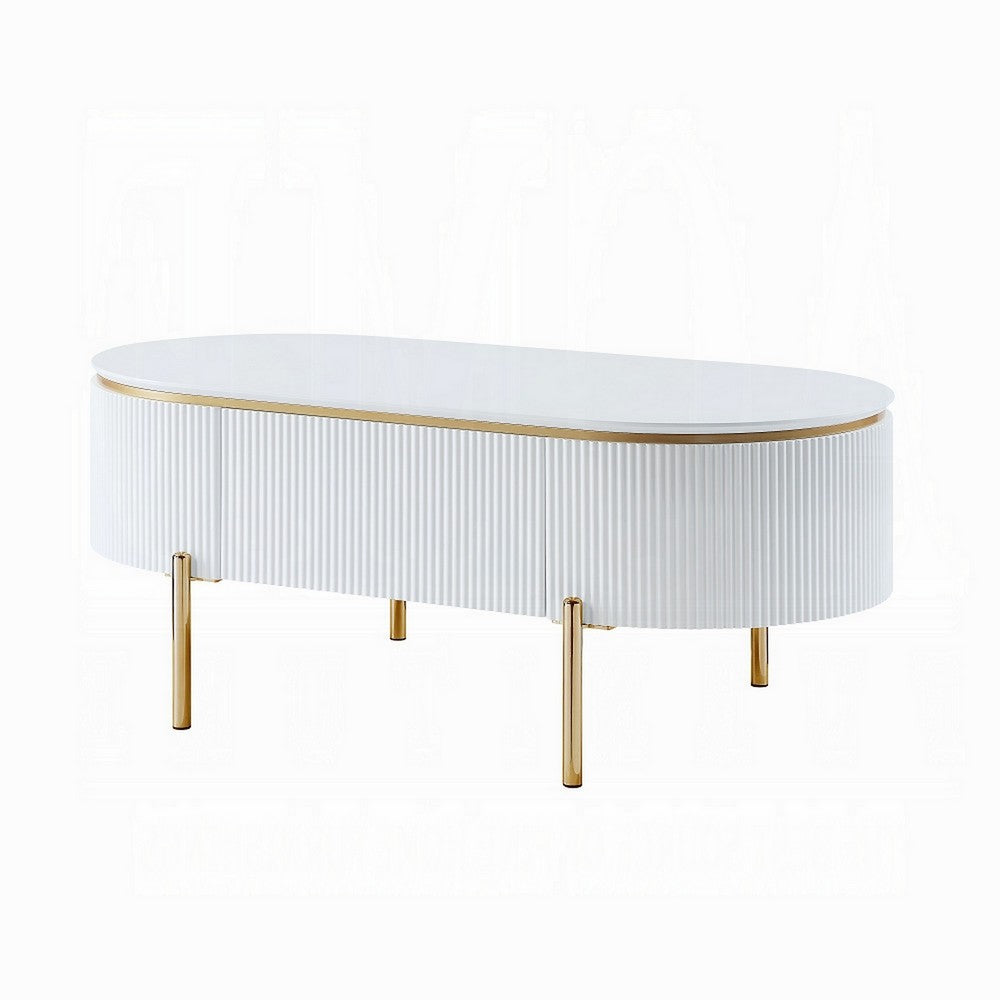 Benjara Tyce Oval Coffee Table with Drawer, 47 Inch, Glossy White, Gold Metal