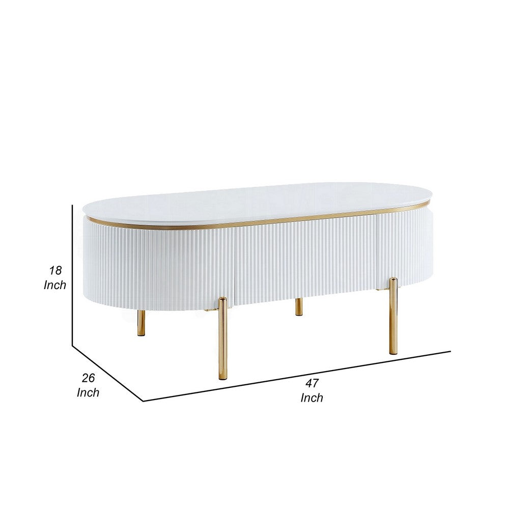 Benjara Tyce Oval Coffee Table with Drawer, 47 Inch, Glossy White, Gold Metal