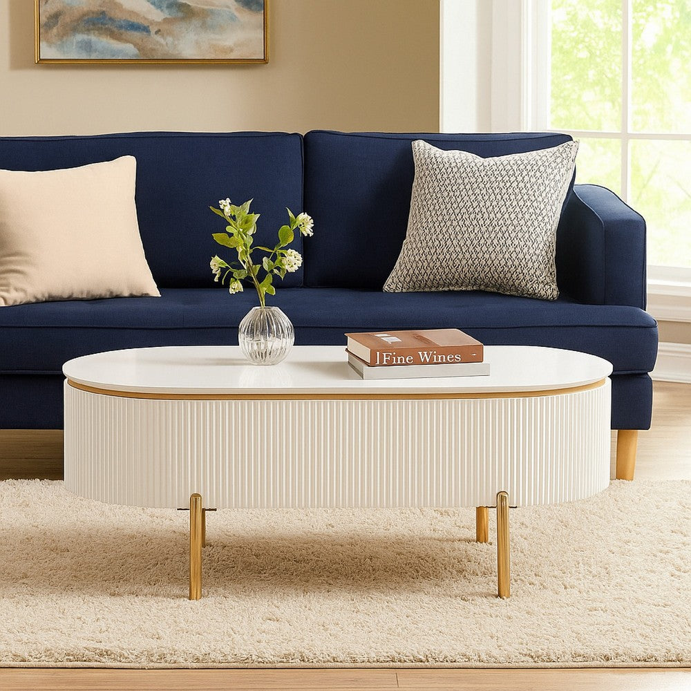 Benjara Tyce Oval Coffee Table with Drawer, 47 Inch, Glossy White, Gold Metal