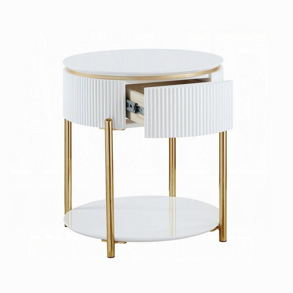 Benjara Tyce Side End Table with Drawer, 22 Inch Glossy White, Gold Metal