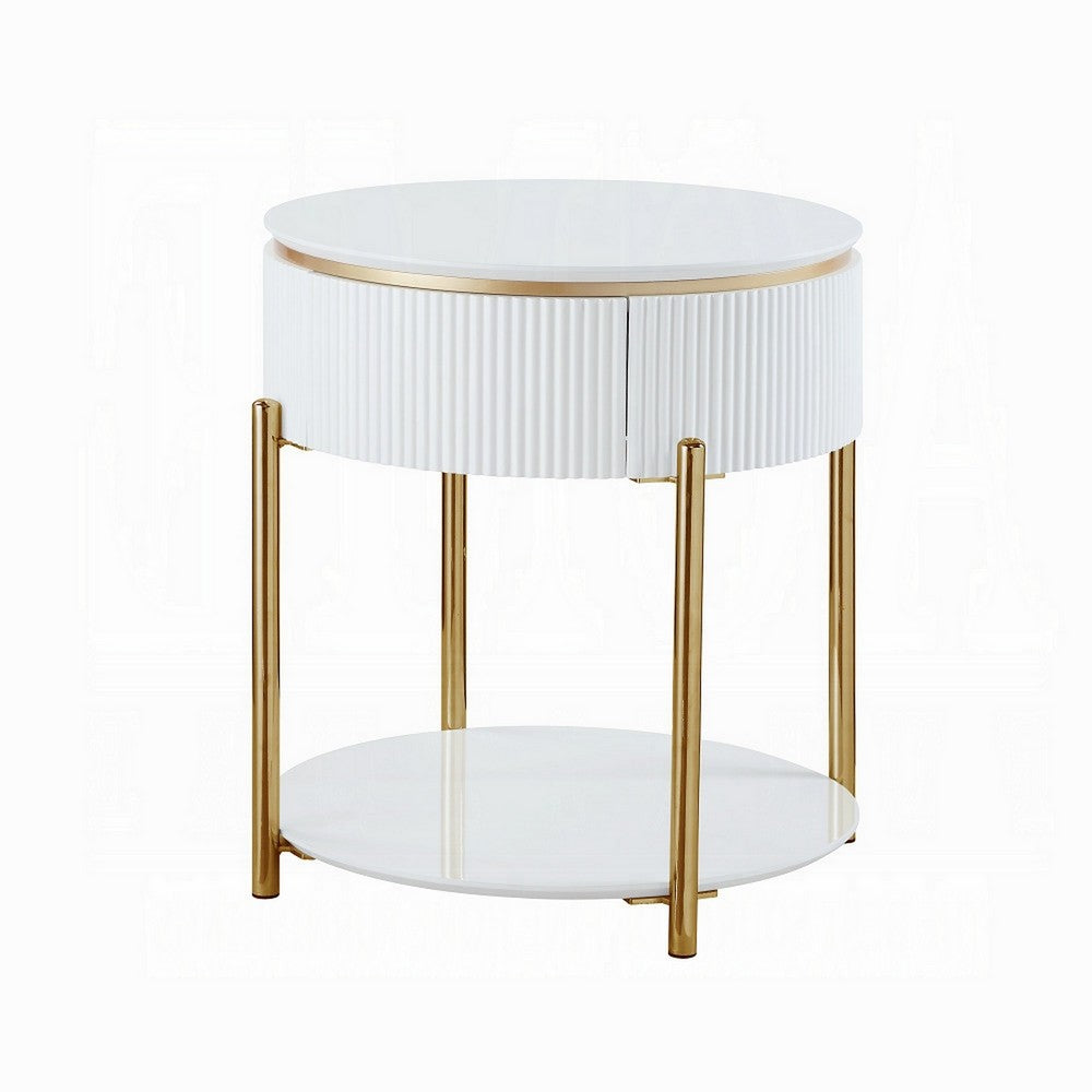 Benjara Tyce Side End Table with Drawer, 22 Inch Glossy White, Gold Metal