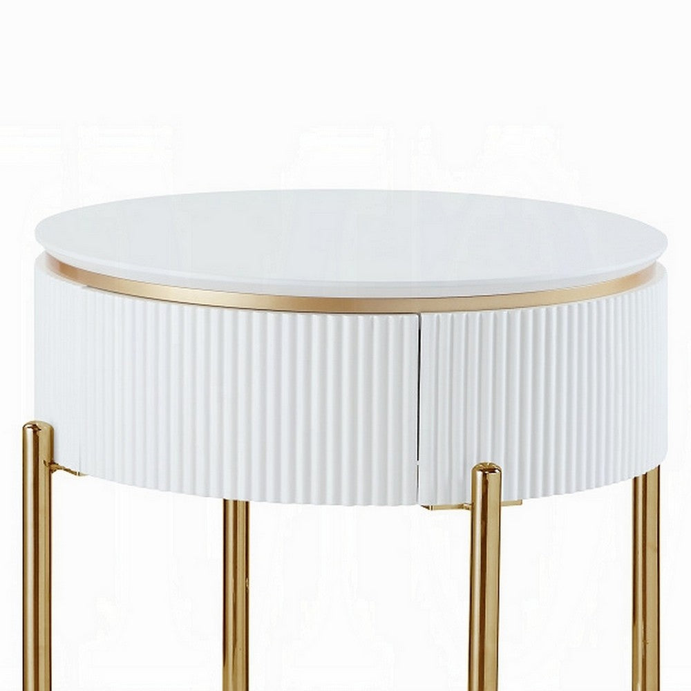 Benjara Tyce Side End Table with Drawer, 22 Inch Glossy White, Gold Metal
