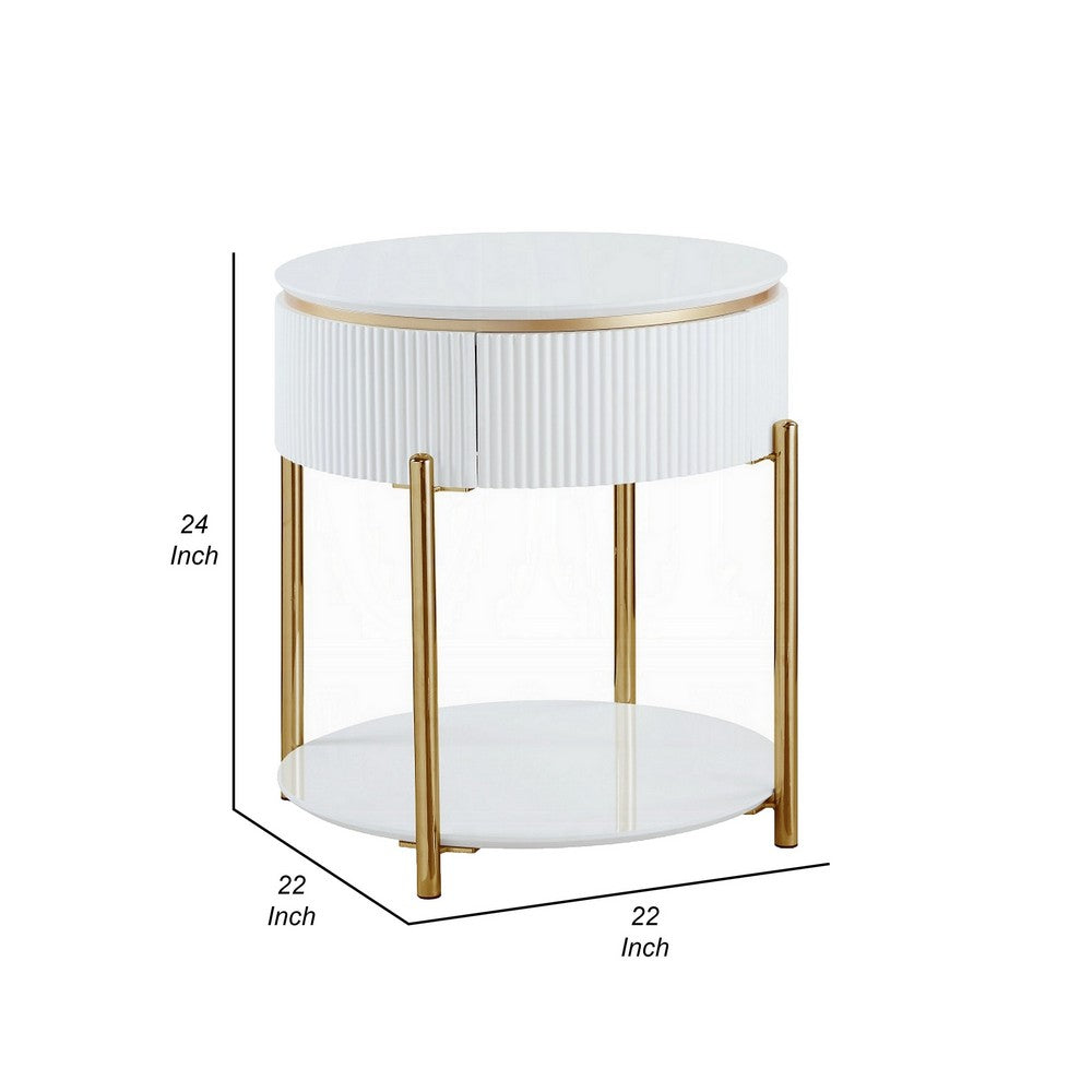 Benjara Tyce Side End Table with Drawer, 22 Inch Glossy White, Gold Metal