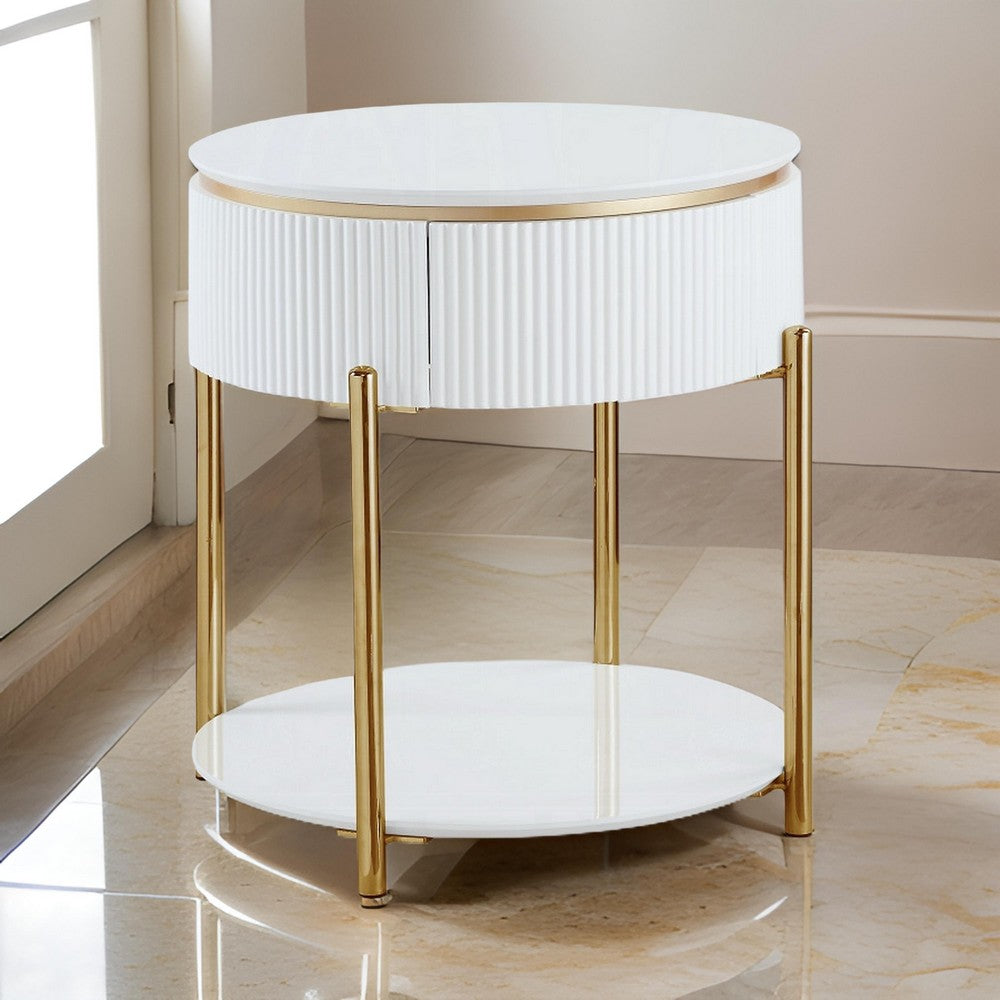 Benjara Tyce Side End Table with Drawer, 22 Inch Glossy White, Gold Metal